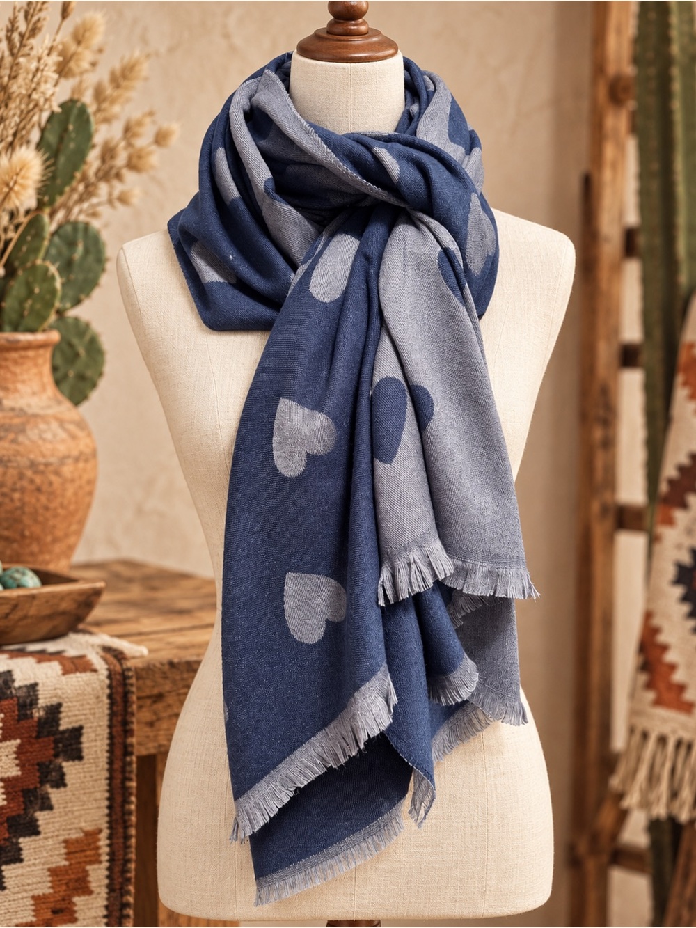 Cozy Heart Pattern Scarf in Navy Blue - Unbranded